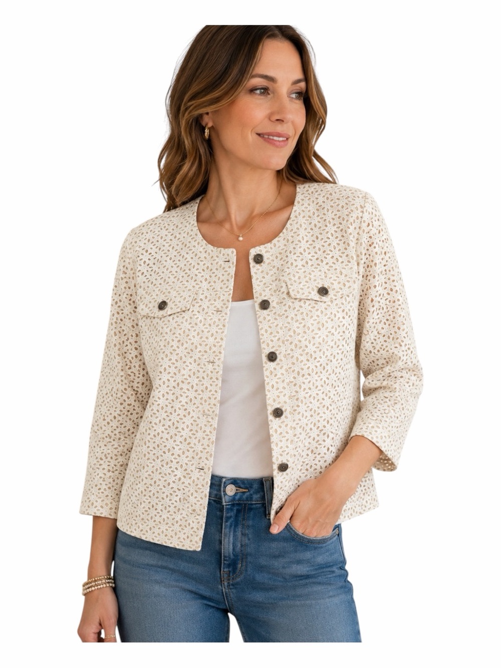 Christopher & Banks Ivory Eyelet Button Front Jacket Womens Size Large